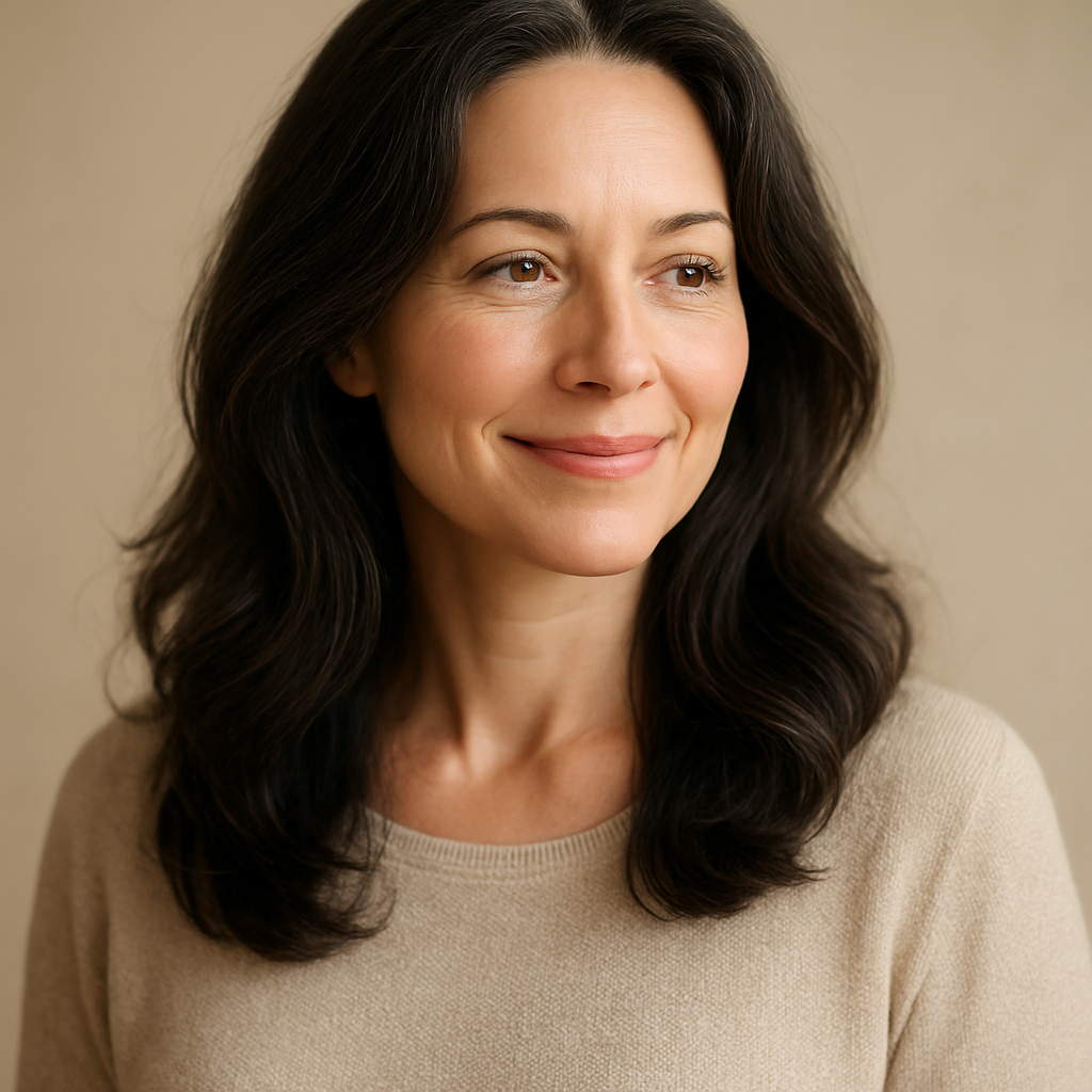 A woman with healthy, full, shiny hair smiling